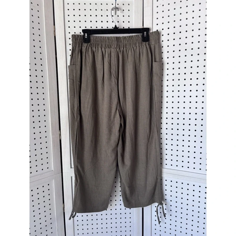 North Style Women's M Green Pull On Linen Rayon Capri Pants‎